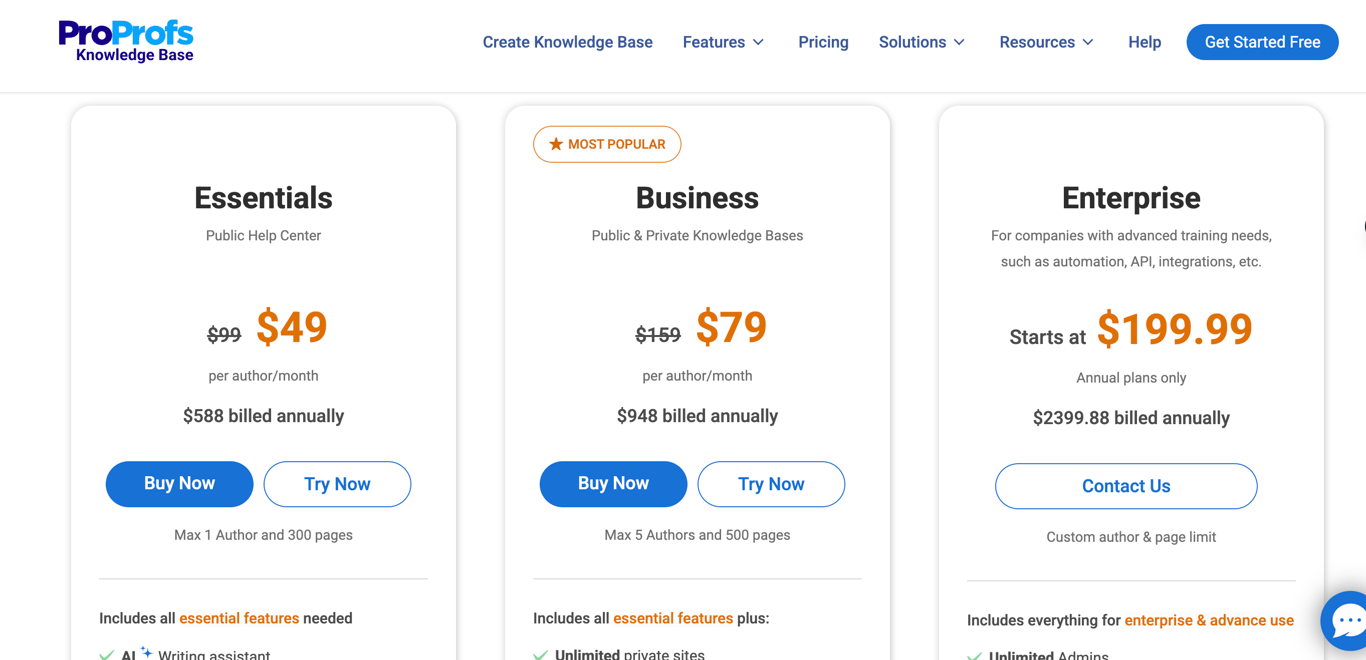 ProProfs pricing plans table