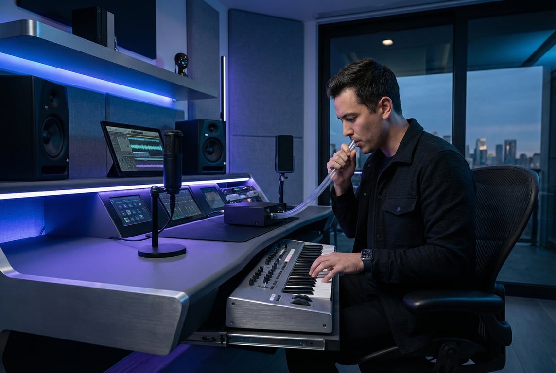 Musician using a talkbox in a home studio