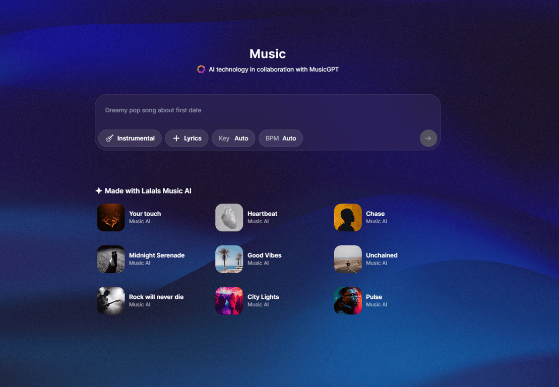 Lalals Music tool with prompt bar and AI-generated song examples