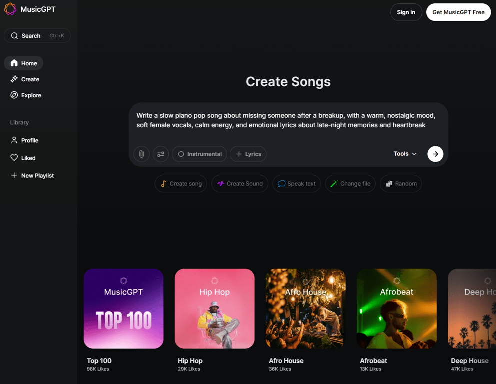 MusicGPT vocal creation prompt screen