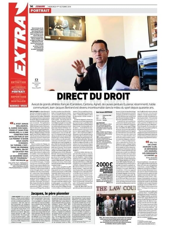 L'Équipe (1er octobre 2014) : l'expertise pérenne du Cabinet Bertrand en droit du sport