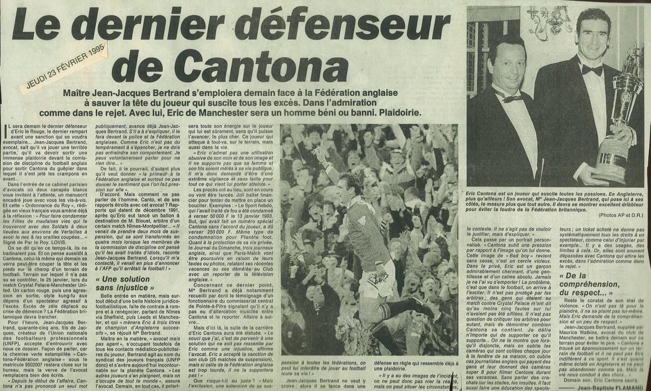 L'Équipe (23 février 1995) : le Cabinet Bertrand, avocat d'Eric Cantona