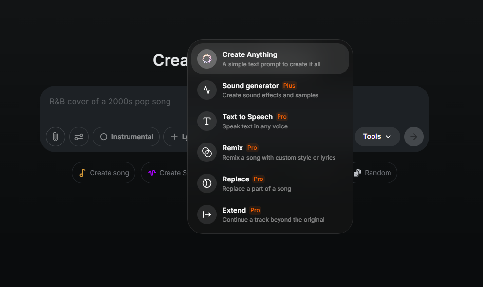 MusicGPT tools menu with remix, replace, and extend options