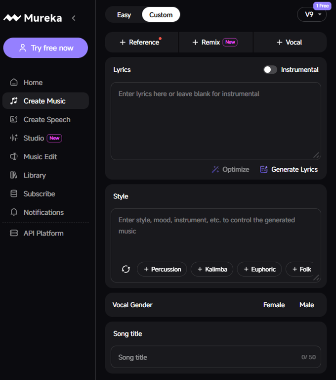 Mureka music creation dashboard