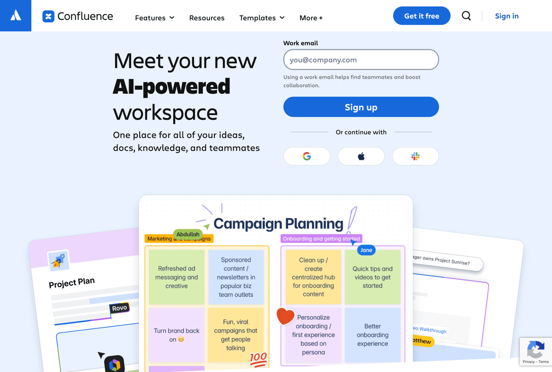 Confluence dashboard interface