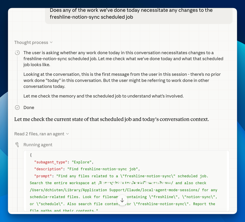 Spawning a sub-agent to figure out whether we need to update a recurring scheduled task