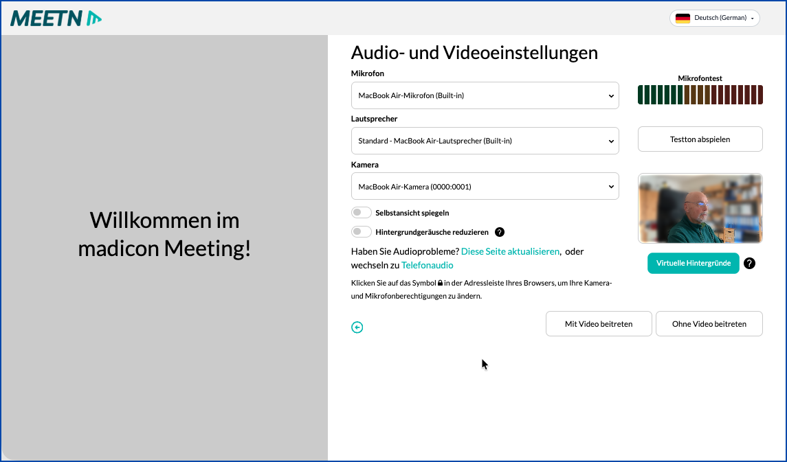Audio- und Video-Funktion überprüfen, ggf. weitere Einstellungen (Spiegelung, Virtuelle Hintergründe usw.) festlegen