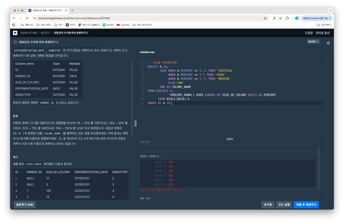 [SQL] Programmers_SELECT. 대장균의 크기에 따라 분류하기 2