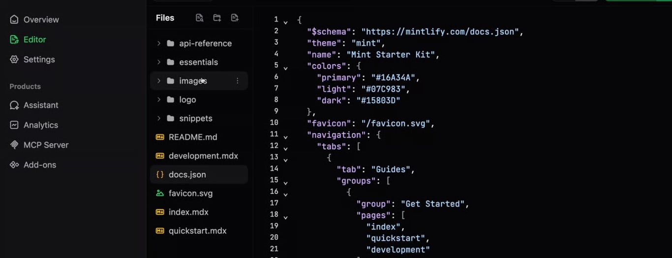 Mintlify coded editor interface