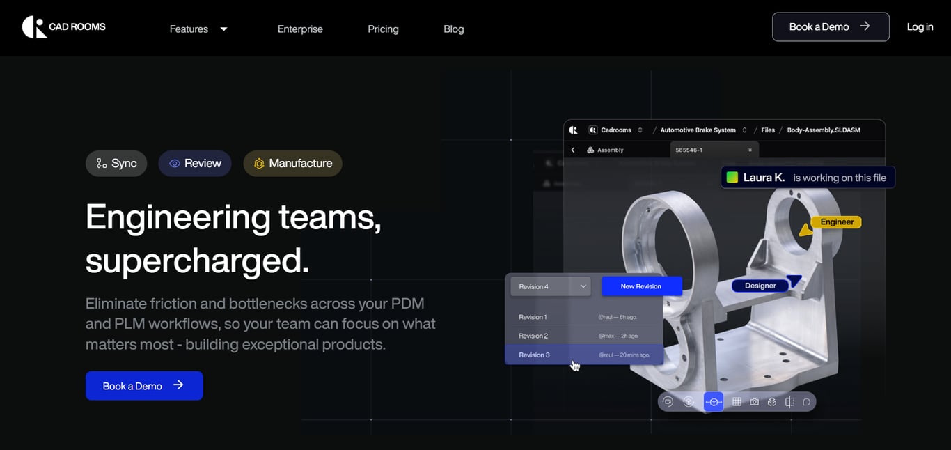 CAD ROOMS ist eine cloud-native PDM- und PLM-Plattform für Hardware- und Maschinenbau-Engineering-Teams. Sie unterstützt über 30 CAD-Formate darunter SolidWorks, Autodesk, Siemens NX, CATIA, Creo, Rhino und mehr.