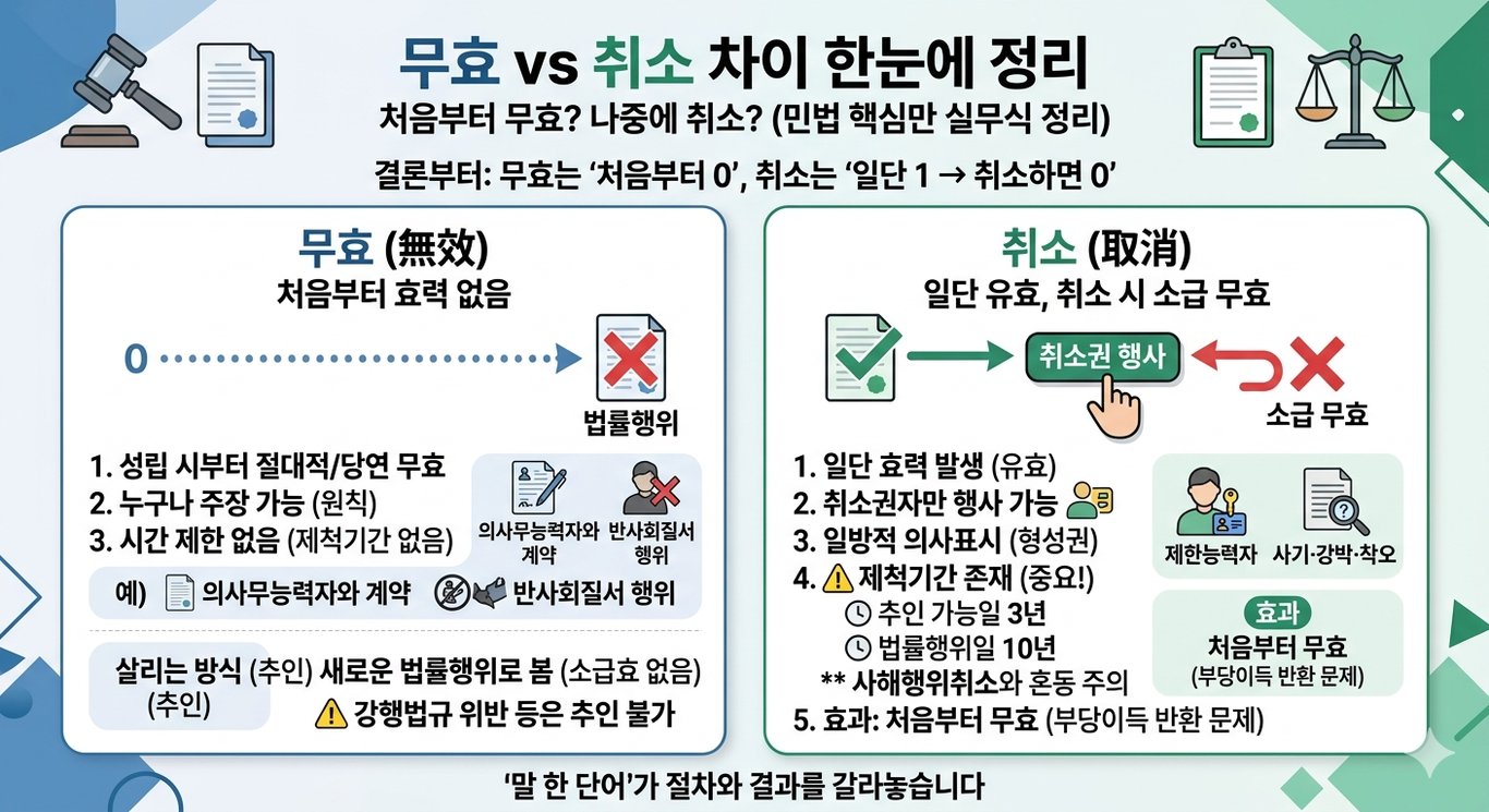 무효 vs 취소 차이 | 민법 138·139·141 핵심과 제척기간까지 실무 정리