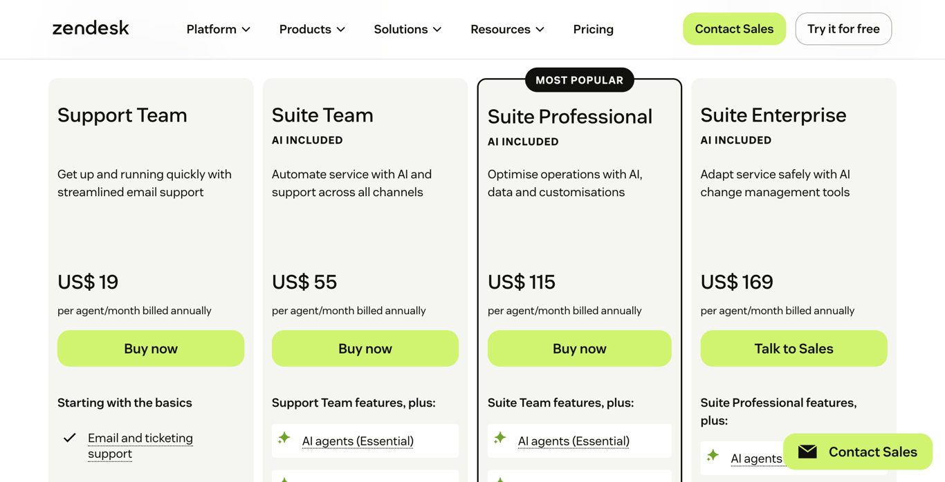 Zendesk AI help center pricing plan