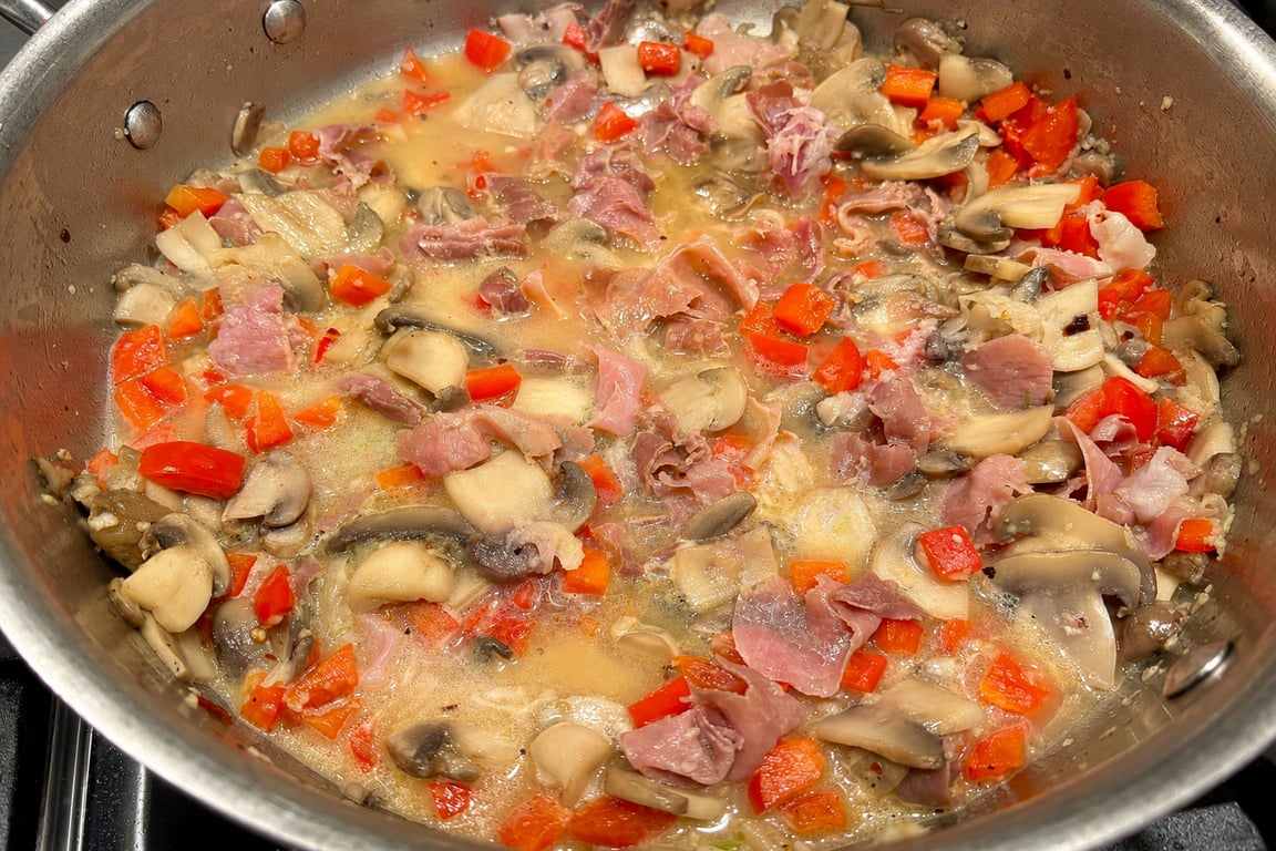 After the wine goes in, the pan should look loose and saucy.