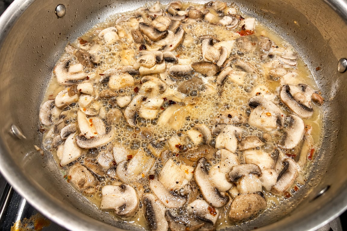 The mushrooms cook down in butter and chili flakes first.