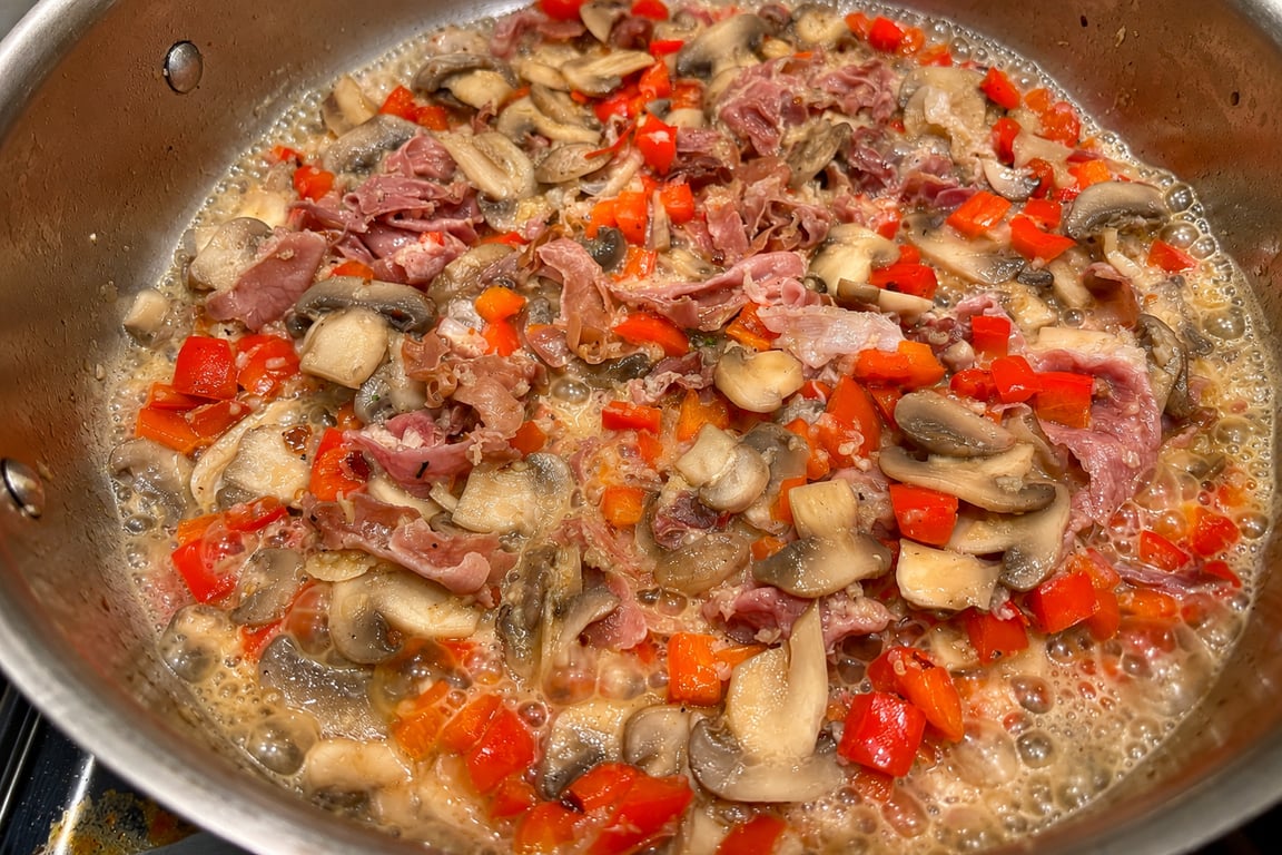 After reducing, the sauce tightens up and the flavor concentrates.