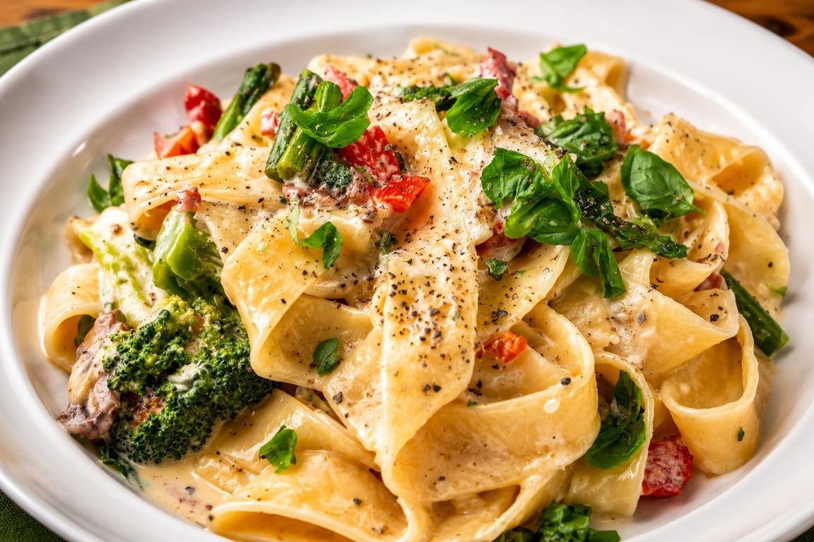 Fettuccine Primavera with Prosciutto and Crisp Vegetables