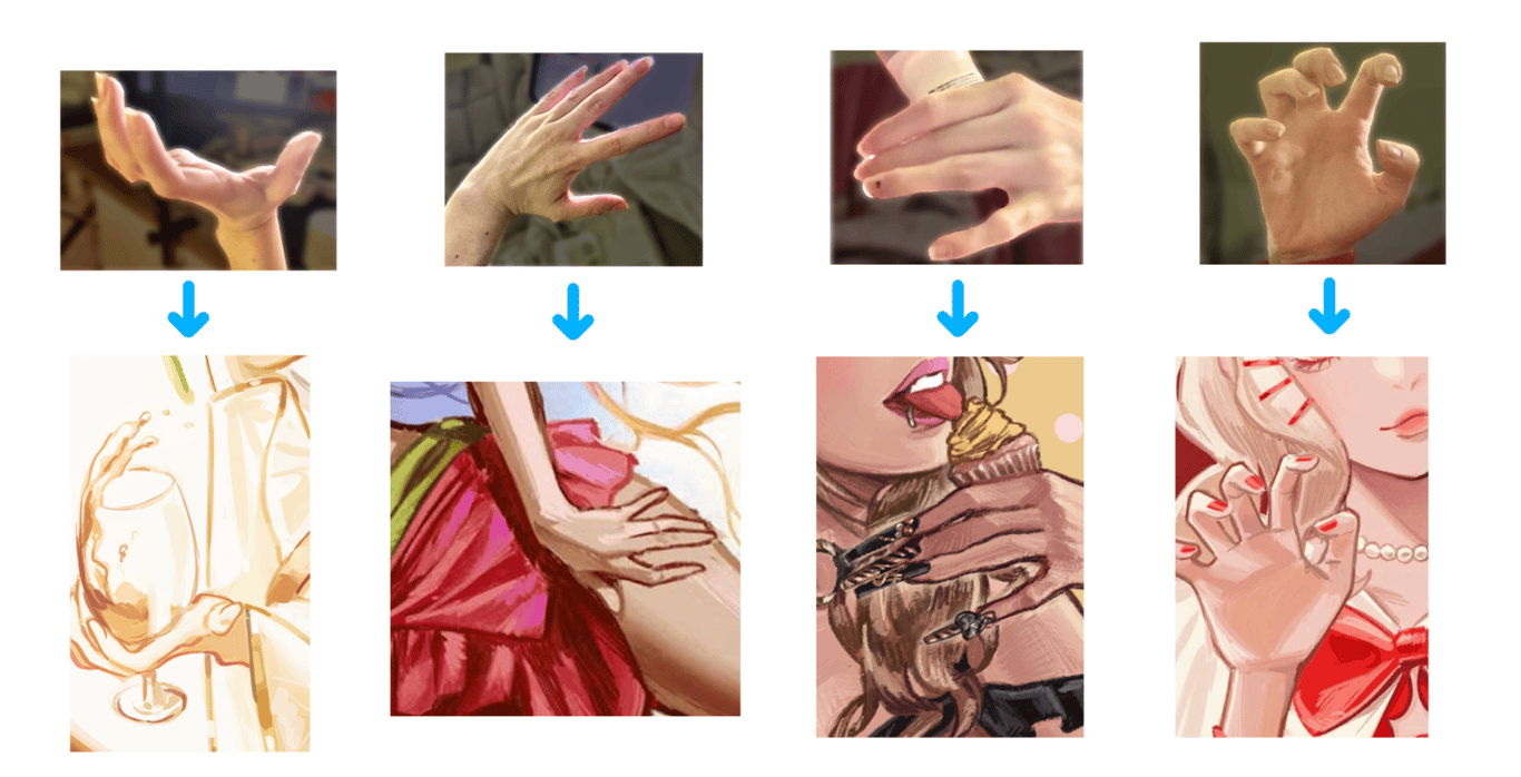 Examples of me using photos of my hands as reference for anatomy.
