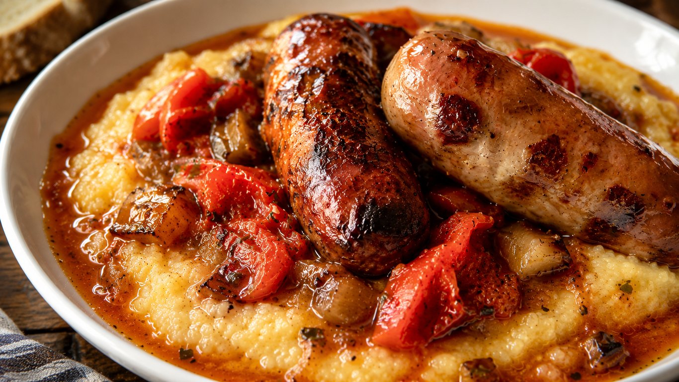 Grilled Sausage with Burst Campari Tomatoes and Polenta