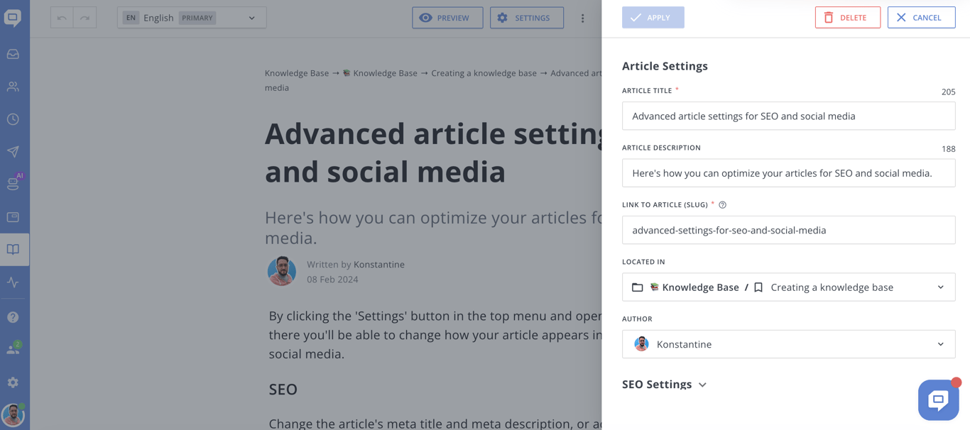 HelpCrunch help centre article builder