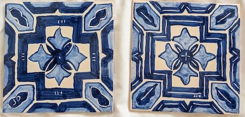 Finished blue and white tiles painted by Julia and Joe in traditional Portuguese style