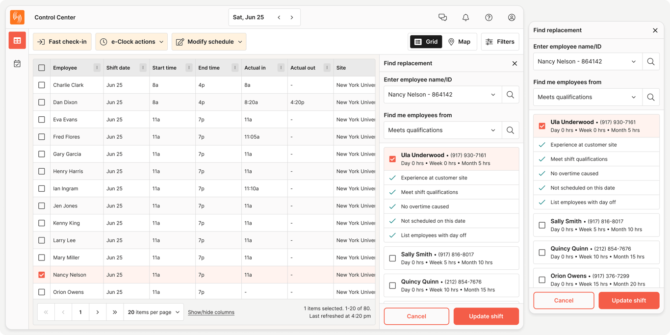 Find replacement: Have a searchable roster of available, qualified employees at your fingertips. Powered with a rules-based engine and artificial intelligence, find available and cost-effective staff members who meet all business rules and requirements.