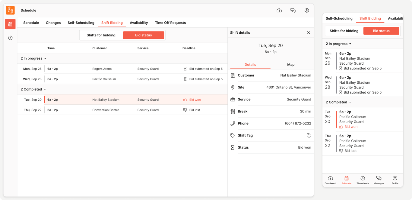 Shift bidding: Team members can view their shift bid status and check whether they won or lost the bid.