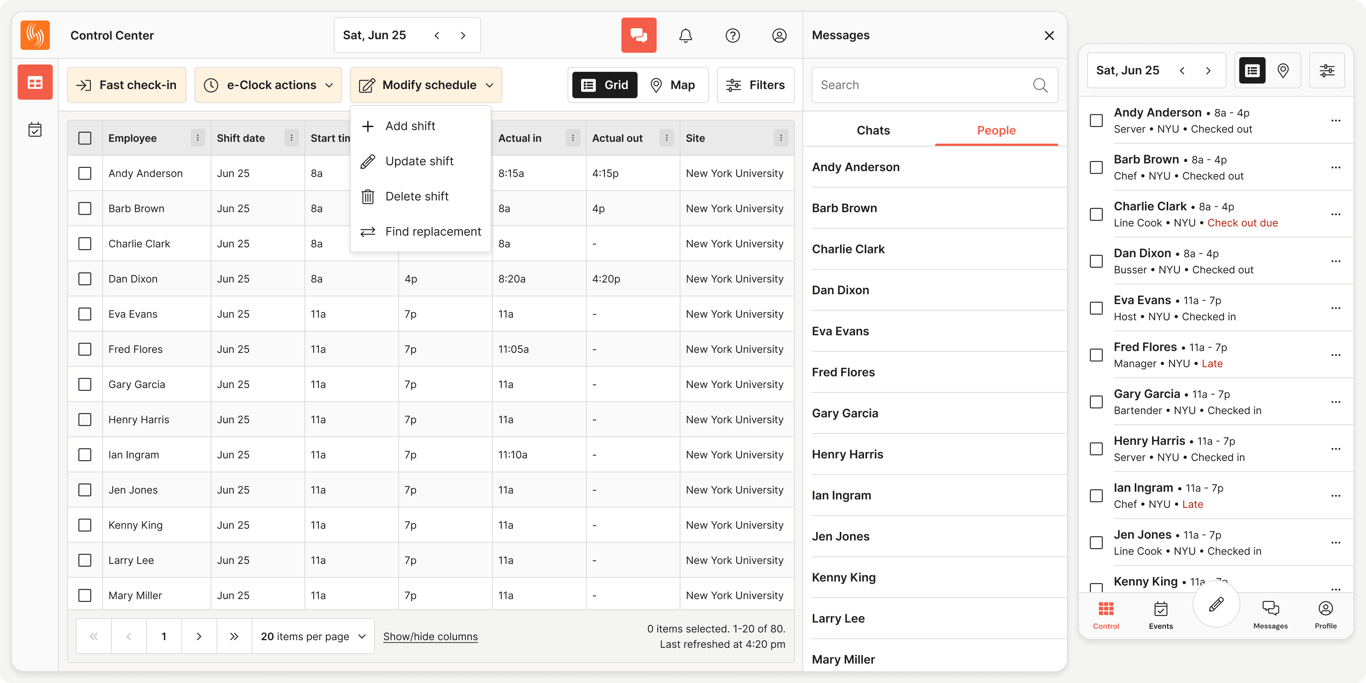 Grid view: Supervisors can view, create, update, delete, and find replacements for their shifts.
