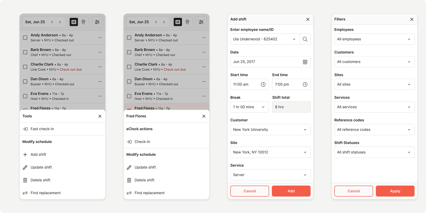 eClock actions and modify schedule: Perform shift and schedule actions easily and quickly.