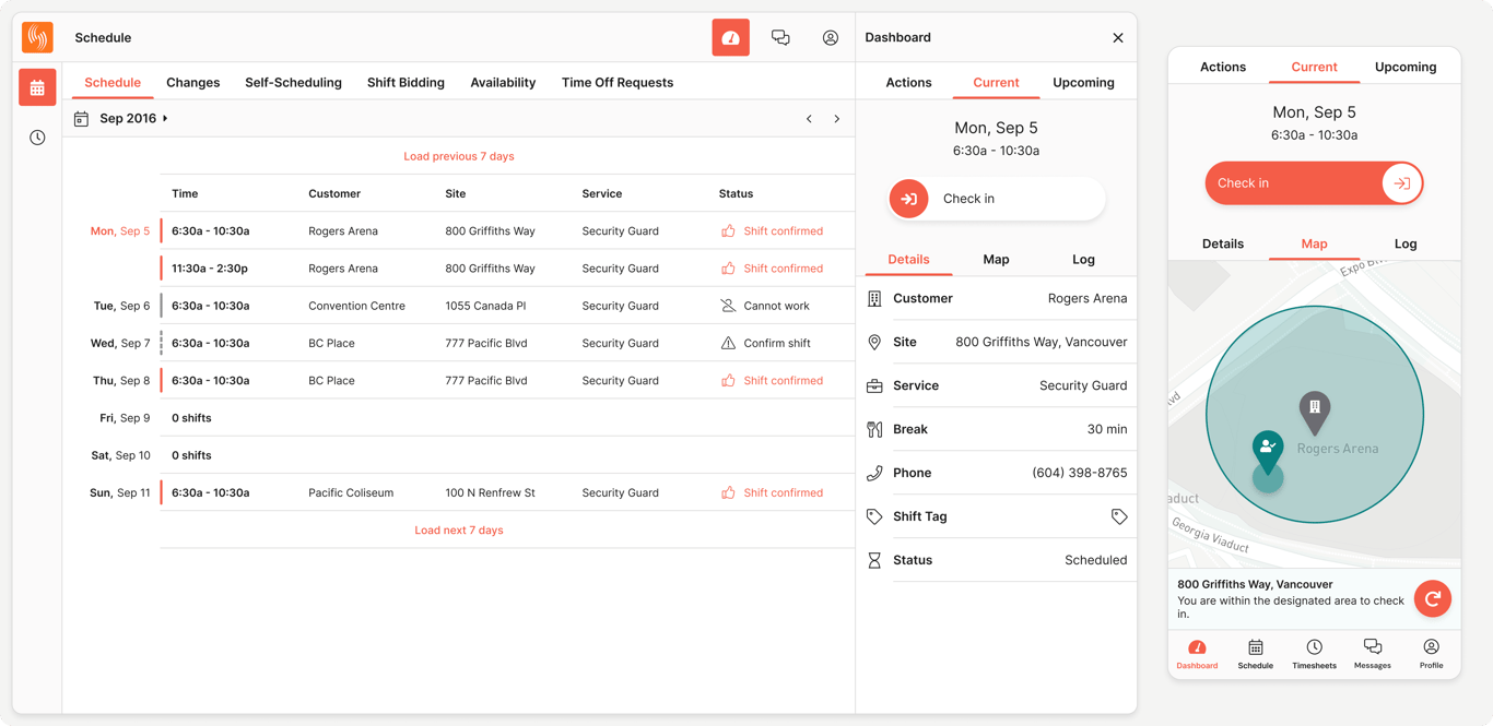 Dashboard: Employees can check in, check out, start a break, end a break, and perform safety checks.