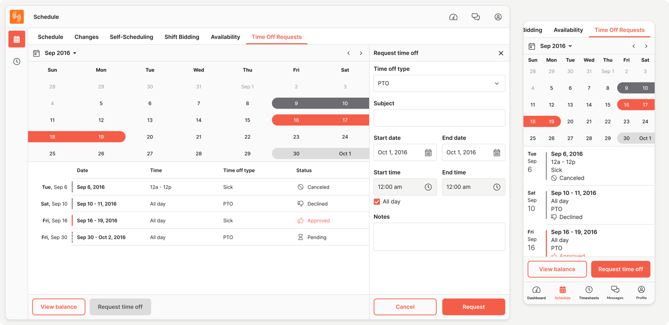 Time off requests: Team members can view accruals and submit requests for approval.