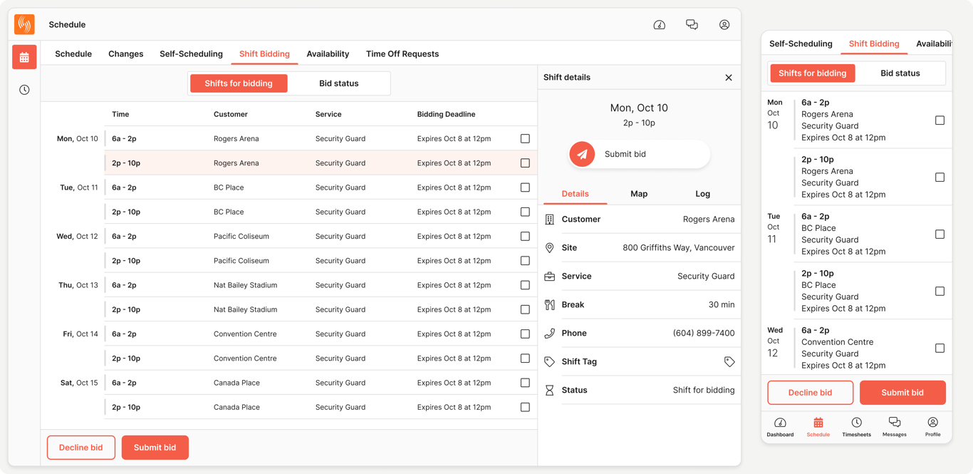 Shift bidding: Team members can express interest in working an open shift.