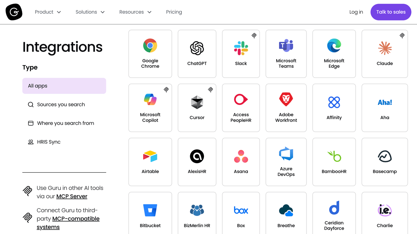 Guru Slack Teams integrations list
