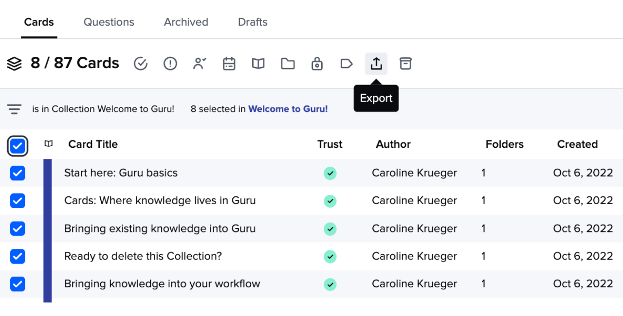 Guru knowledge cards interface