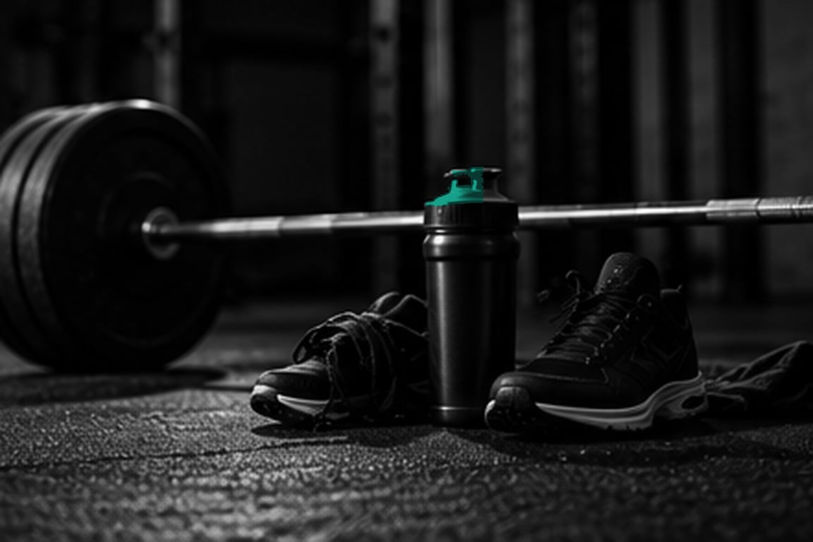 Une paire de chaussures de course et un shaker sont posés devant une barre chargée dans une salle d’entraînement.