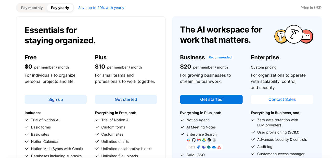 Notion Business plan pricing page