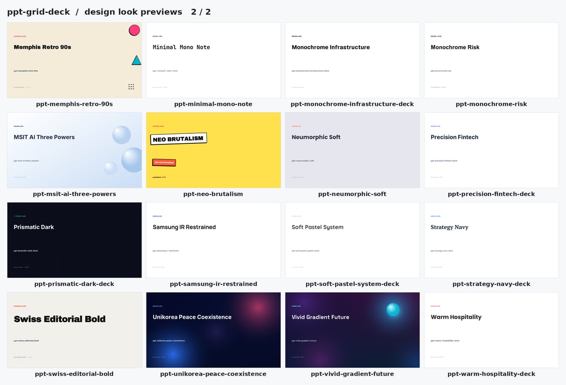 디자인 룩 32종 미리보기 2: 컨설팅·에디토리얼·다크 키노트 등 ppt-grid-deck 디자인 룩 표지 샘플 모음