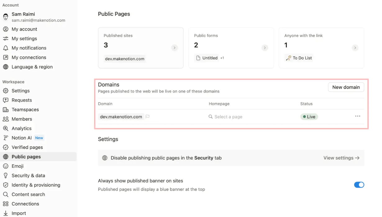Notion in-built custom domain