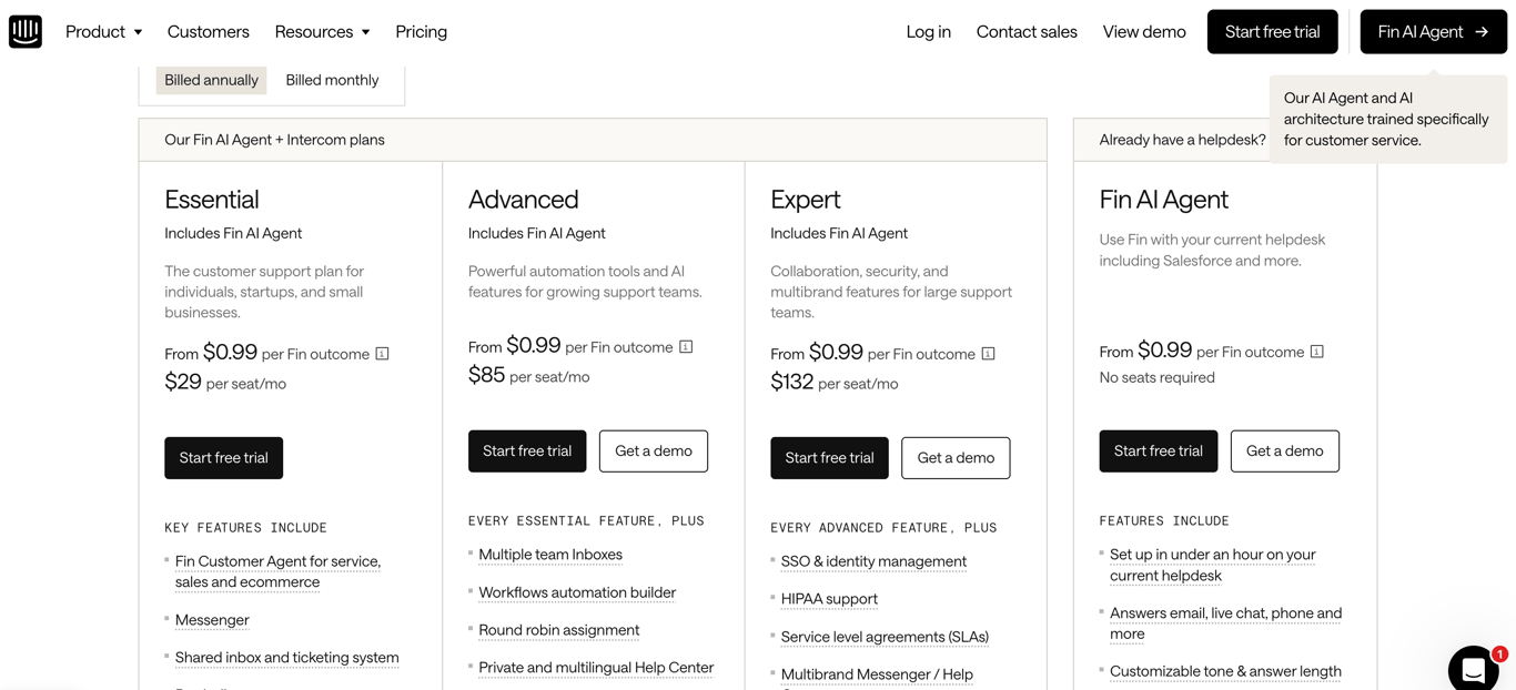 Intercom pricing plans