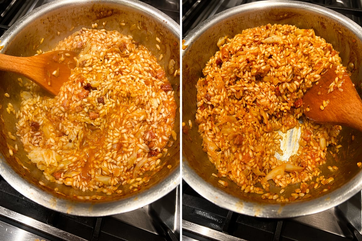The magic of risotto comes from adding one ladle of warm stock at a time, then stirring until it is almost completely absorbed before adding the next.