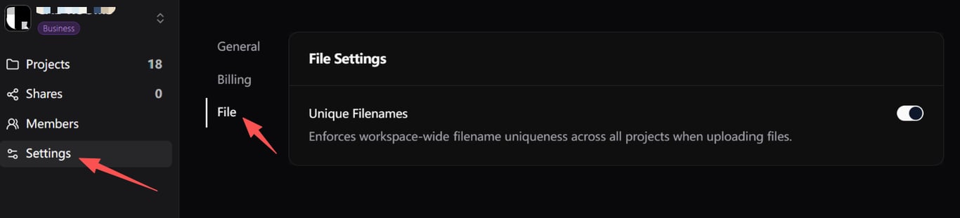 File Settings in CAD ROOMS Workspace Settings with the Unique Filenames toggle enabled to enforce filename uniqueness across all projects