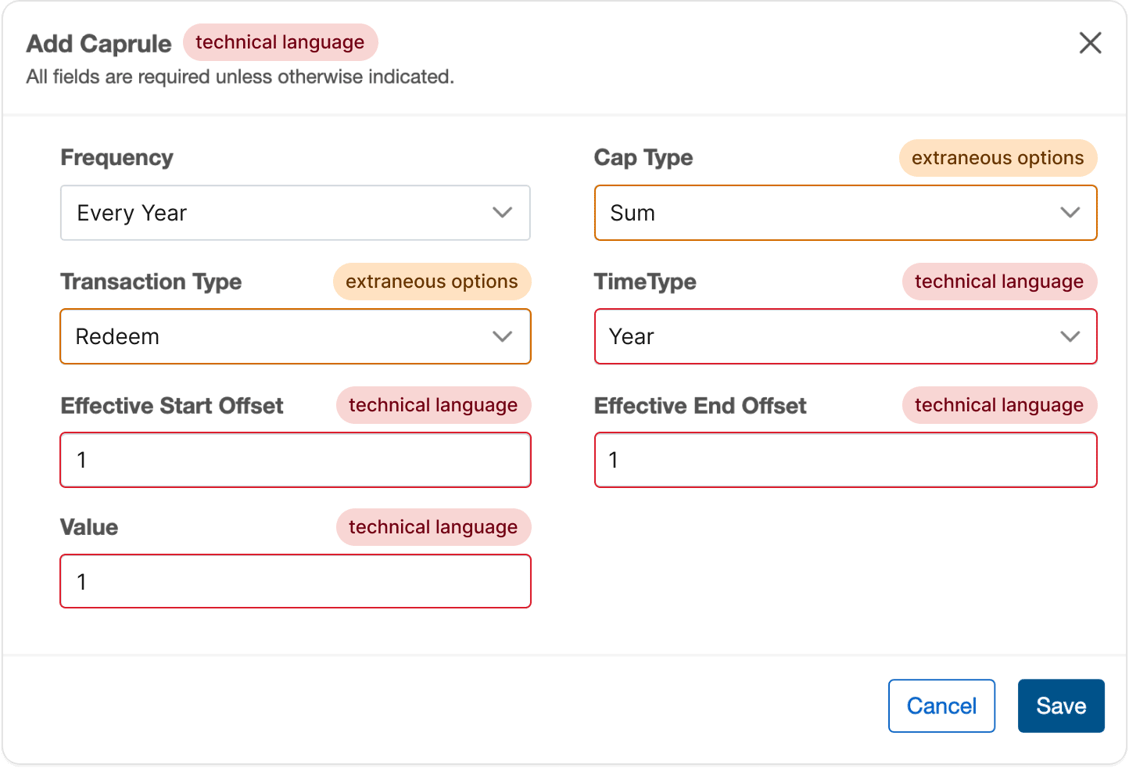 Before, Activity Reward Frequency: Admins configured six raw fields, including scheduling mechanics like Effective Start Offset and Effective End Offset, with no bearing on the actual question being asked.