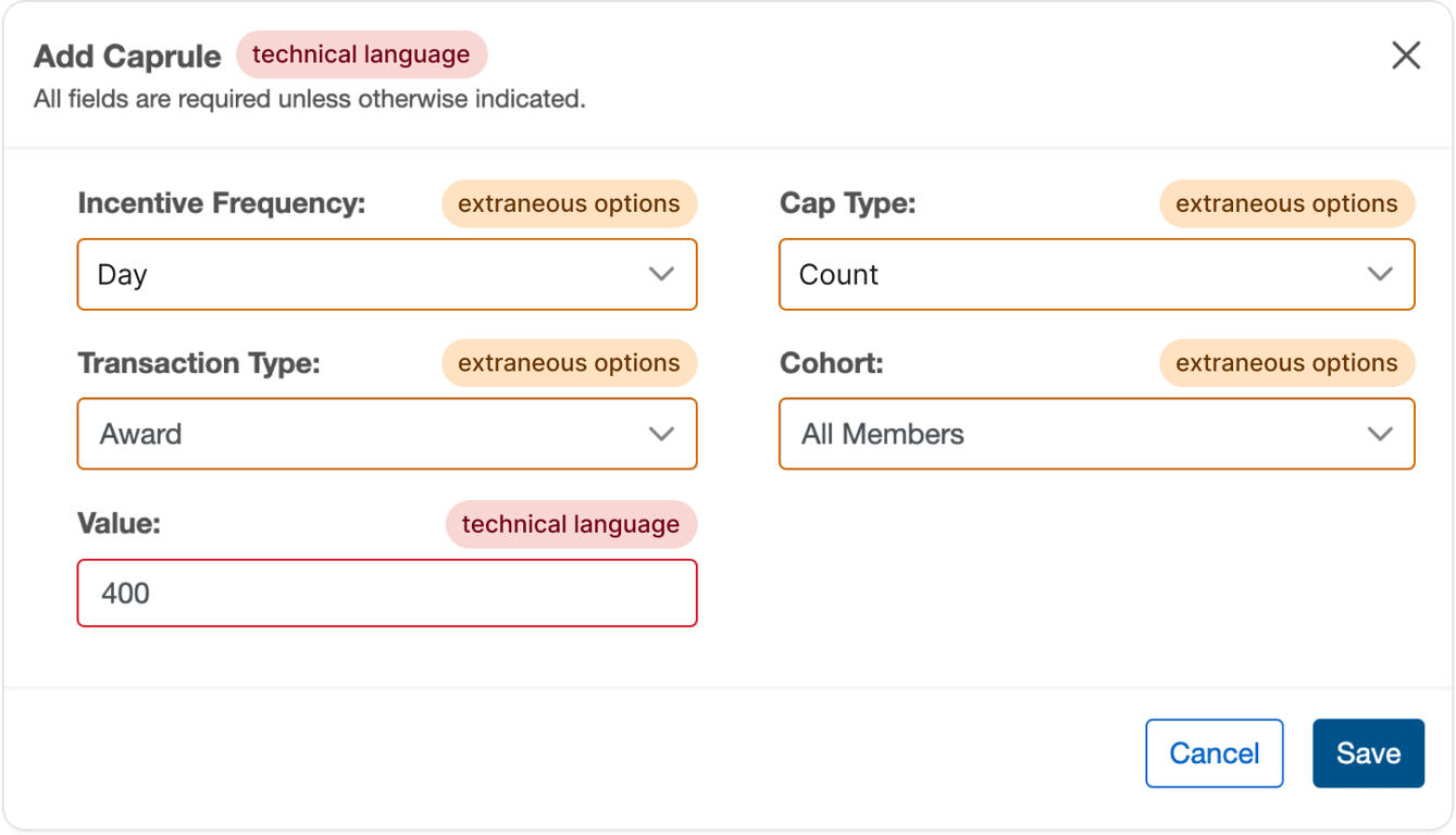 Before, Plan Redemption Caps: Admins configured a "Caprule" across four dropdowns of internal terminology, Incentive Frequency, Cap Type, Transaction Type, Cohort, before entering a single dollar value.