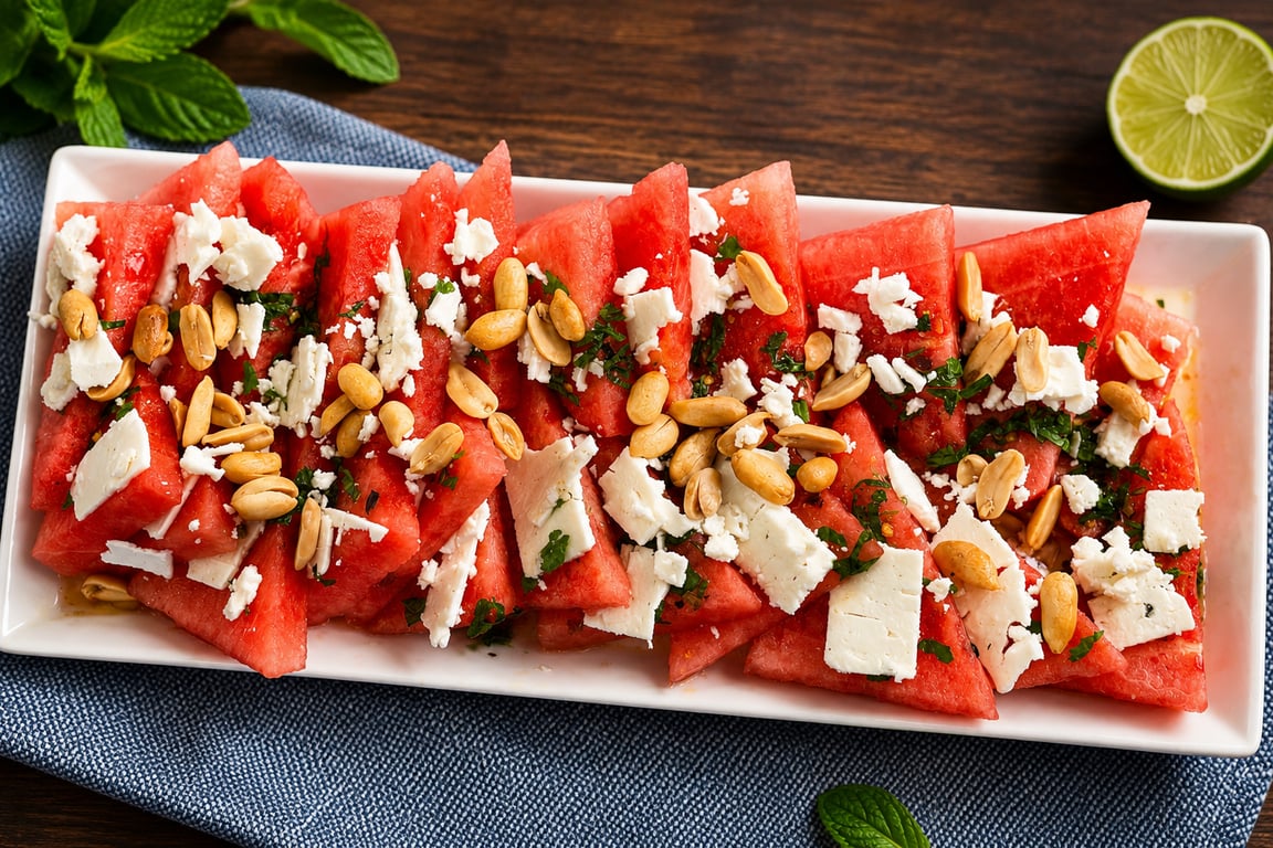 Watermelon Salad with Feta, Peanuts & Lime Mint Dressing