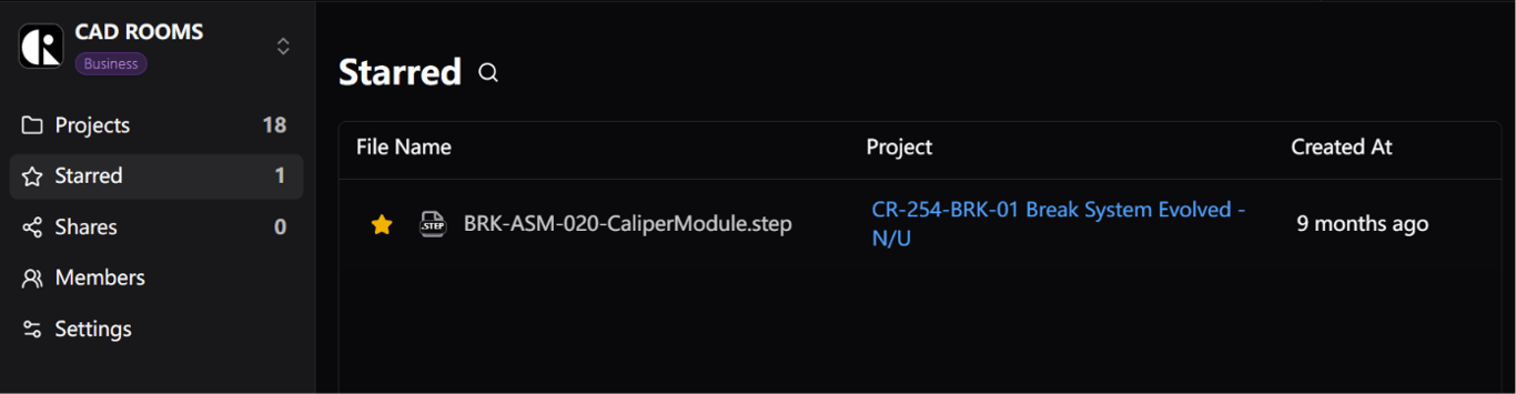 The Starred menu in the CAD ROOMS workspace navigation listing a starred file.