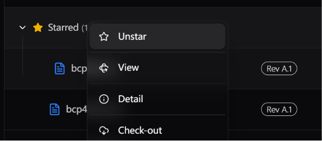 Right-clicking a starred file and selecting Unstar in the project file list.