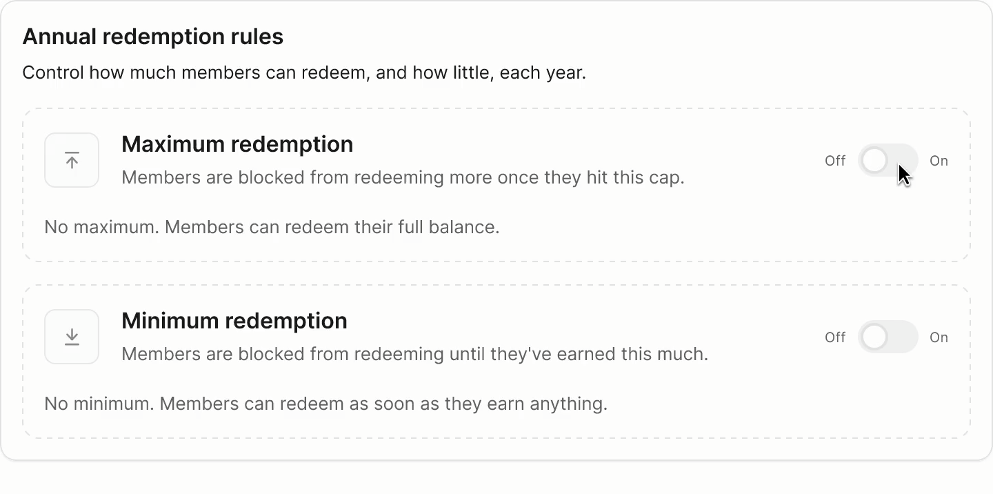 After, Plan Redemption Caps: Admins toggle a maximum and/or minimum redemption limit on or off, then enter a dollar amount per year. Plain language, no jargon.