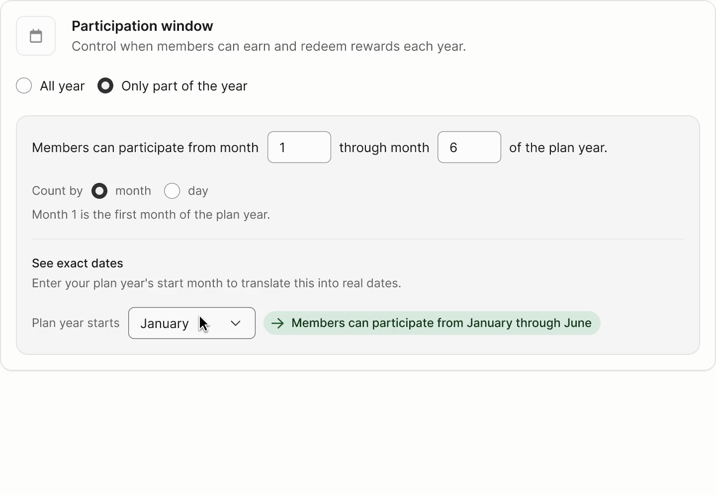 After, Participation Window: Same functionality, reframed around the actual question: when can members earn and redeem? Plain-language inputs, a month/day choice, and a live date preview let admins confirm their setup at a glance. No data model knowledge required.