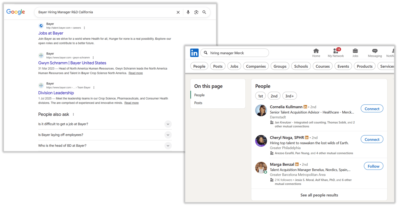 Click to enlarge. While Google searches allow you to be more precise, LinkedIn often helps you find specific people. And even if you don’t find your target person right away, search through your LinkedIn contacts to see if someone might know them. If not, send connection requests to other hiring managers or people working in your future department and build from there.