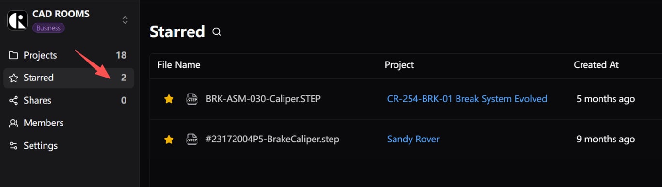 The same starred file appearing in the Starred menu of the workspace navigation.