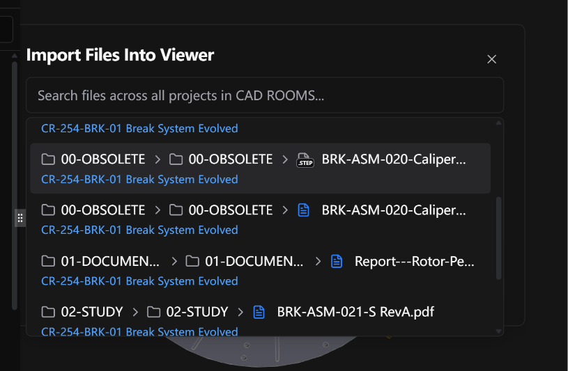 Fenêtre d’importation de CAD ROOMS permettant de téléverser une nouvelle pièce ou d’en rechercher une dans le Workspace